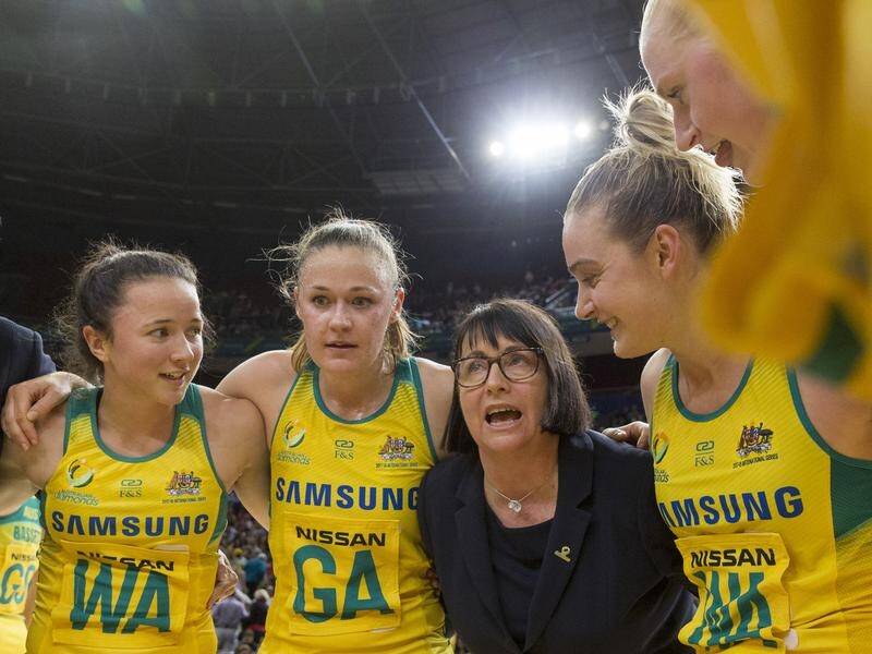 Coach Lisa Alexander with the Australia team after a Constellation Cup game against New Zealand.