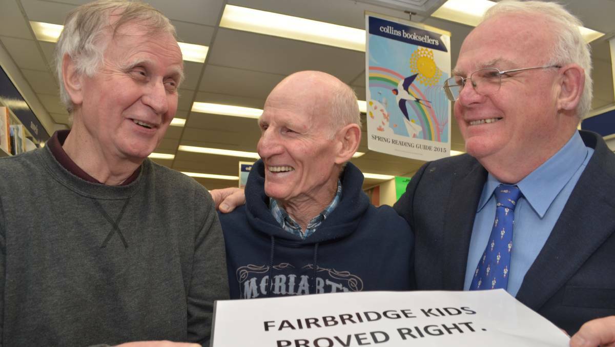COMPENSATION: Former child residents of Fairbridge Farm Smiley Bayliff and Derek Moriarty with author David Hill, who published a book on the abuse at the farm.