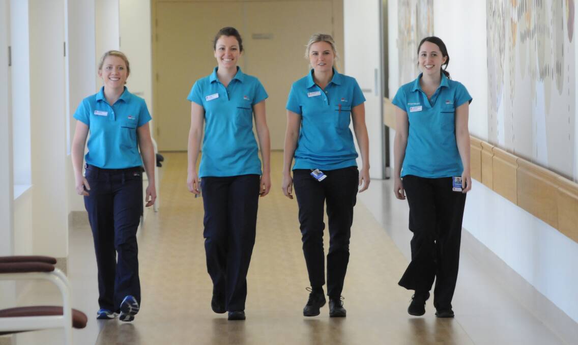 HOME GROWN: Physiotherapyists Clancy Pye, Jo Logan, Charlotte Orr and Amy Fairbairn at Orange hospital. Photo: MARK LOGAN 0304 mlphysios
