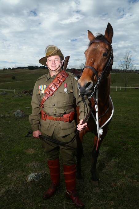 FULL KIT: Scott Stanford and Matilda will show off the uniform and livery of the Australian Light Horse at the front of today’s Anzac Day march. 
Photo: PHIL BLATCH 0424pblight8

