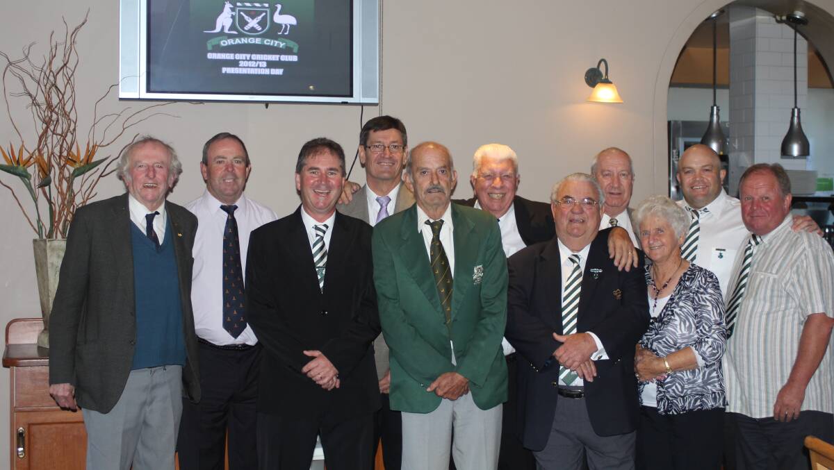 ORANGE CITY FOUNDER: Carl and Kath Sharpe (front, second and third from right) with Orange City legends (back, from left) Terry Rayner, Geoff Corby, Steve Bernard, Keith Crossley, Dale McIntosh, Jamie Stedman, (front) Frank Weymouth, Jeff Culverson and Darrel Rosser.
