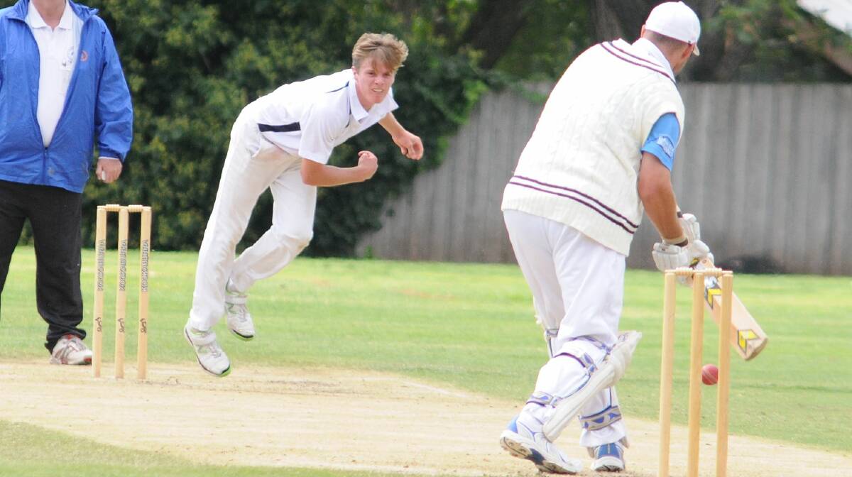 CRICKET: Kinross quick Andrew Johnson at the bowling crease on Sunday. Photo: STEVE GOSCH