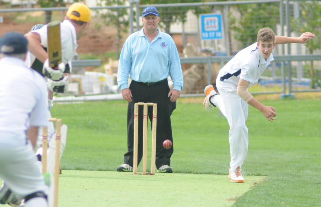 CENTENARY CUP: Kinross Wolaroi's Fletcher Rose bowling to Orange CYMS' Pat Duffy in their grand final at Sally Kennett Field. Photo: STEVE GOSCH