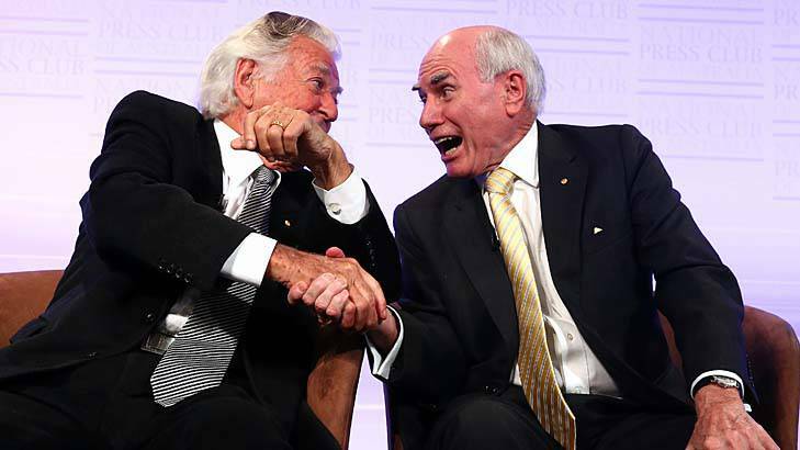 LOVE YOUR WORK: Former prime minister Bob Hawke and former prime minister John Howard. Photo: Alex Ellinghausen