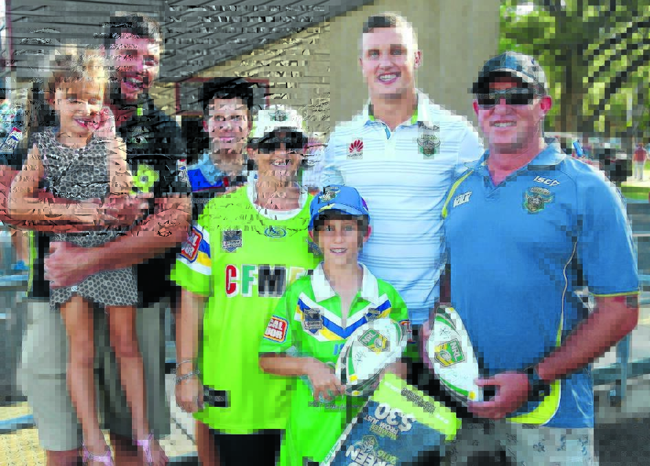 BACK HOME: Sam and Tempe Lemon, Bradhin, Charlie, Xandah and Aaron Edwards with Canberra Raiders star Jack Wighton at Wade Park. Photo: PHIL BLATCH                                                                                                                                                                                       