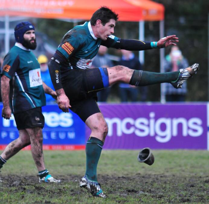 KICK HAPPY: Emus' skipper Nigel Staniforth's precision from the tee looks likely to play a big part in Saturday's Blowes Clothing Cup preliminary final. Photo: JUDE KEOGH 0712emus7