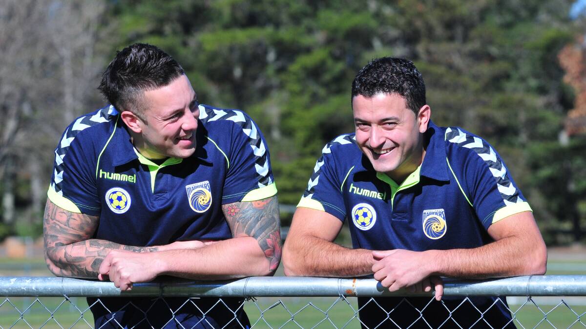 LEADING THE CHARGE: Orange's John Rimmer (left) and Adam Scimone are helping the Western NSW Mariners FC avoid relegation this season. Photo: JUDE KEOGH