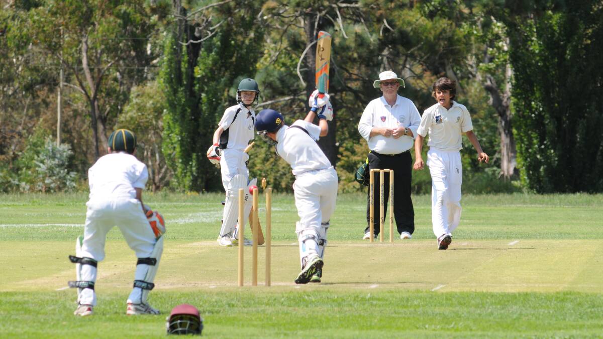 BOWLED: Mitchell's Hugh Middleton is bowled by the Central Coast's Sam Lappan at Country Club Oval. Photo: JUDE KEOGH 0108countrycrick6