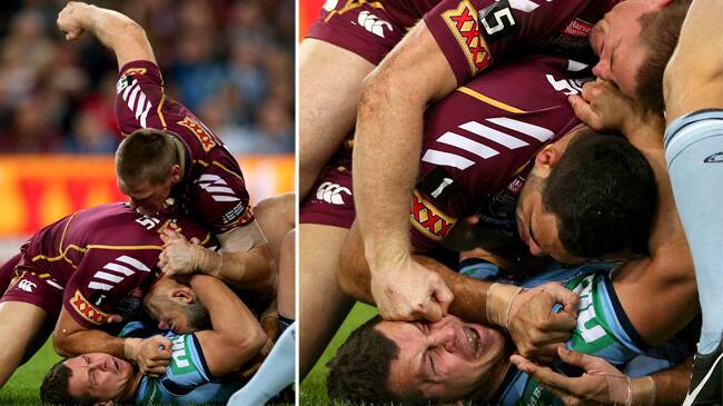 CHEEKY ONE: Brent Tate gives Greg Bird what for during State of Origin in 2012.