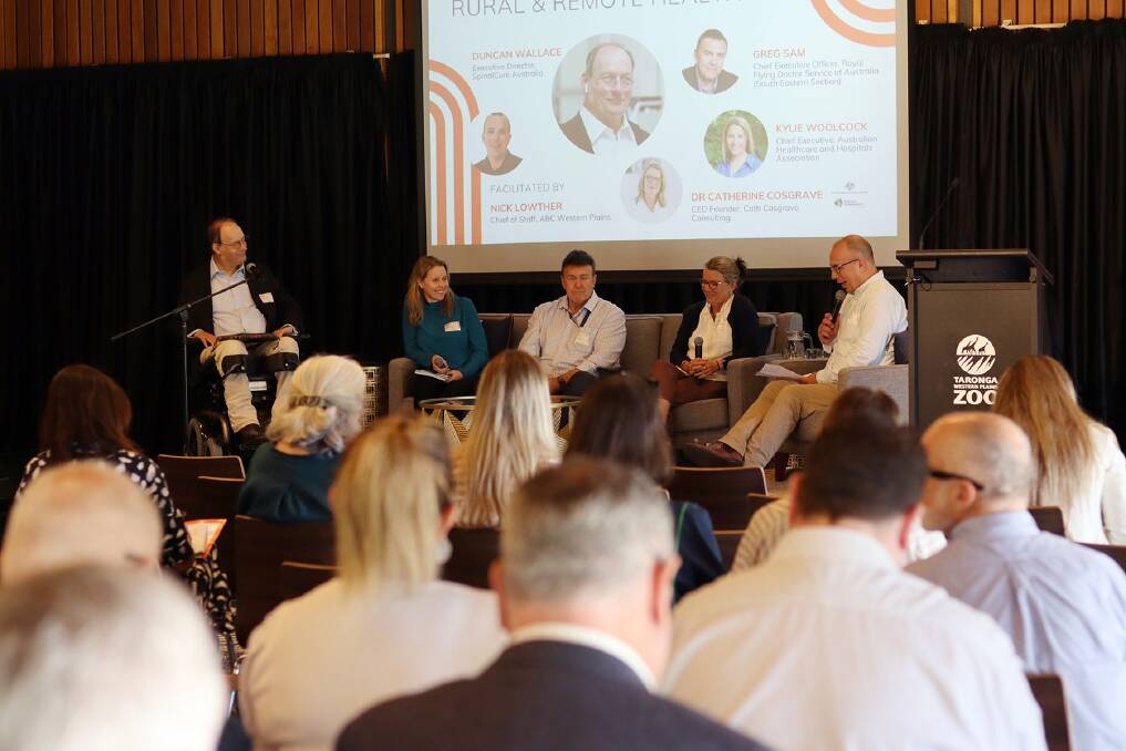 Catherine Cosgrave - fourth from left - speaking at the Inland Growth Summit with the other rural and regional health panellists. Picture by RDA Orana 