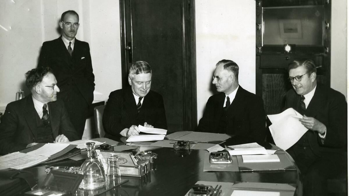 John Curtin (second from right) who led Australia through World War II and co-designed its post-war reconstruction, has been ranked our best prime minister. Picture: Getty Images