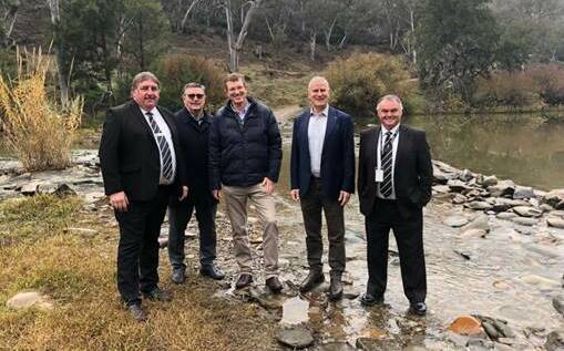 Cabonna Councillor Anthony Durkin, Mid-Western Regional Council Mayor Councillor Des Kennedy, Member for Calare Andrew Gee, Deputy Prime Minister Michael McCormack and Bob Cohen from Cabonne Council at the Dixons Long Point crossing in June 2019.