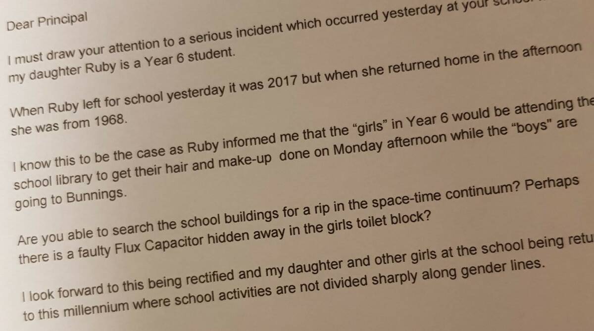 Boys to Bunnings, girls to make-up lesson: Fuming dad’s letter to school