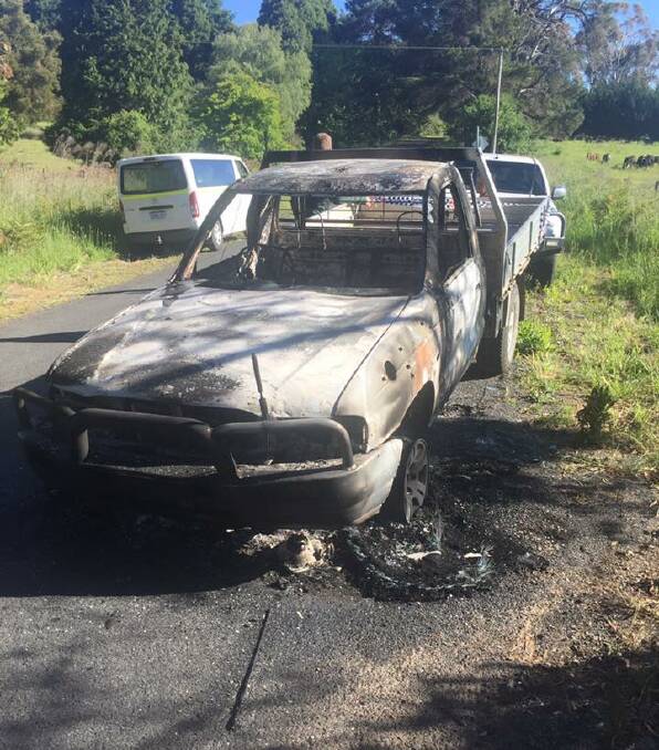 A torched Mazda Bravo on Berrilee Road. Photo: CONTRIBUTED