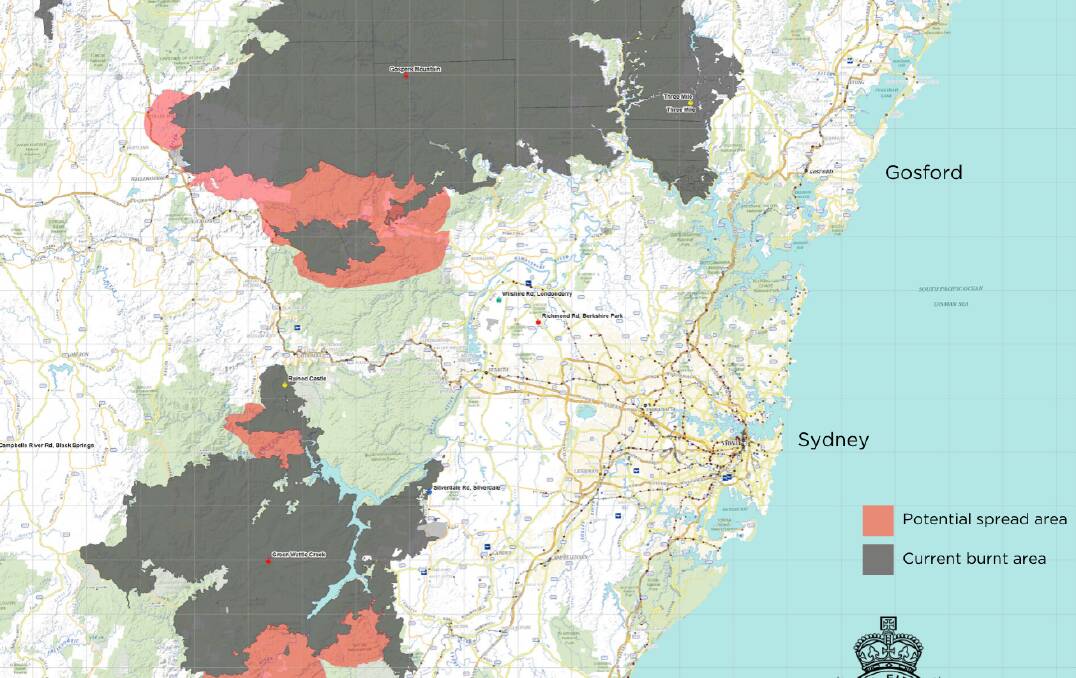 FIRE CONDITIONS: Dangerous fire conditions are predicted for Thursday with the NSW Rural Fire Service issuing a map of potential fire spread for the Gospers Mountain and Green Wattle Creek bushfires. Image: NSW RFS