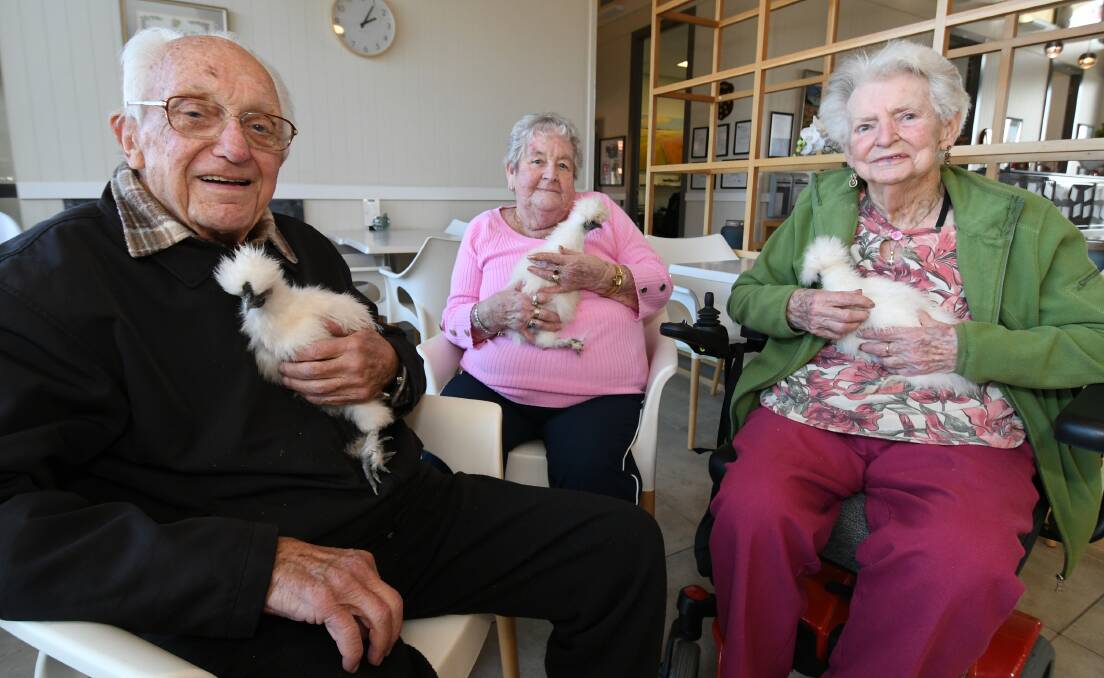 COMPANION PETS: Residents Johannes (John) Brandt, Marie Morris and Val Knight with the Chinese silkies at Whiddon Kelso. Photo: CHRIS SEABROOK 082019cpets1
