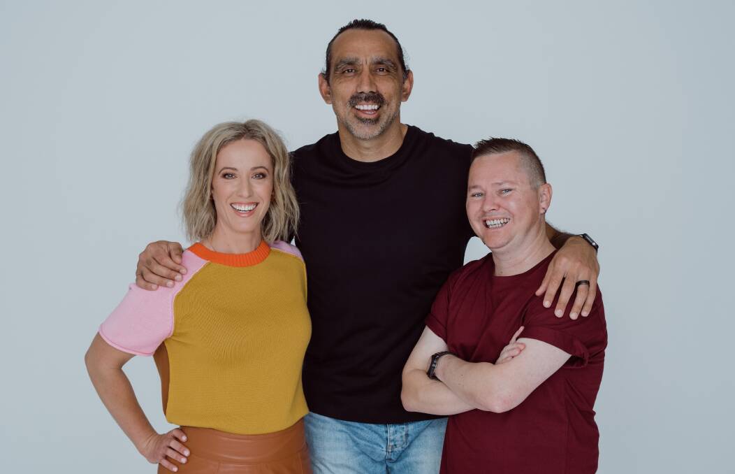 TEAM WORK: Ellie Laing and Adam Goodes co-wrote the book, with David Hardy illustrating it. Picture: Alex Vaughan