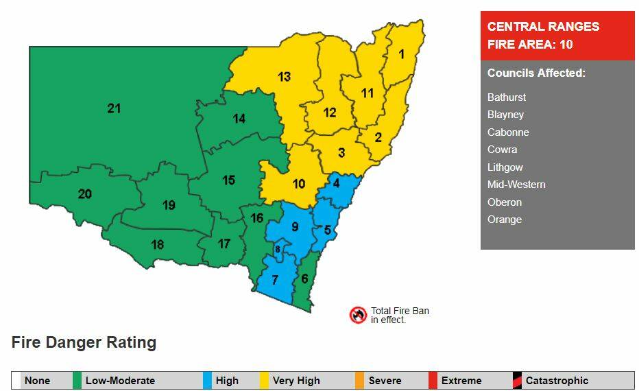 A very high fire danger rating is in place for the Central Ranges on Wednesday, September 4. Image: NSW RFS