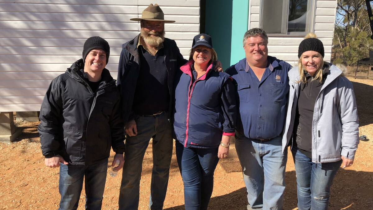 FARM RESCUE: Grant Denyer, farmer James, Rural Aid founders Tracy and Charles Alder and Chezzi Denyer in Brewarrina for Rural Aid. Photo: SUPPLIED 073118rural5