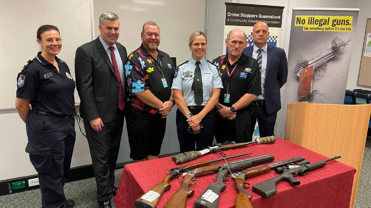 KEEPING GUNS OFF OUR STREETS: (L-R)Senior Constable Kerrin Sheedy, Minister for Police and Corrective Services and Minister for Fire and Emergency Services, Mark Ryan MP, Crime Stoppers Queensland Volunteer Liaison, Acting Superintendent Kylie Rigg, Ipswich Volunteer Crimestoppers committee chairperson, Scott Mawhinney, and Ipswich District Police Detective Inspector David Briese with weapons which have been surrendered.