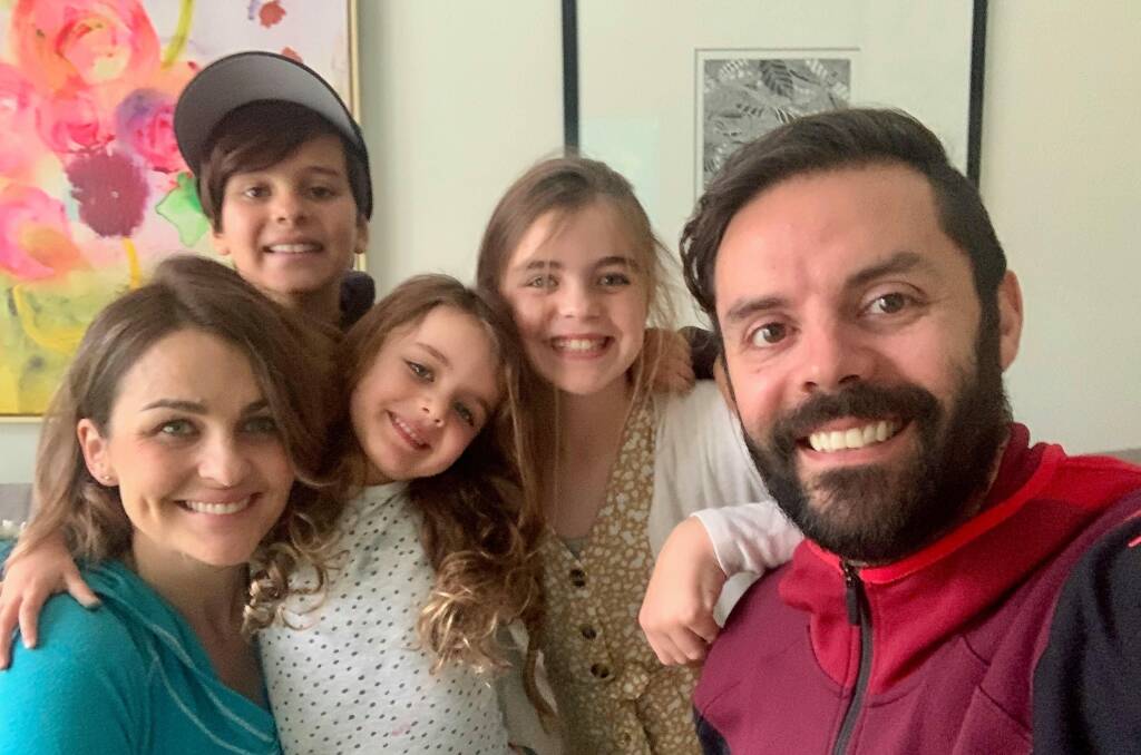 SELFIE TIME: Kimberly, Hugo, Sylvie, Aria and Jason are locked down at home for two weeks after returning from the US. Photo: JASON BELMONTE