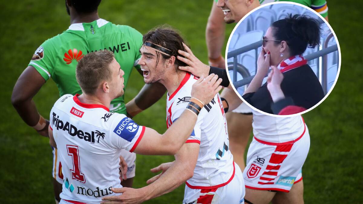 ELATION: Kim Stojanov (INSERT) watched on her Cody Ramsey (MAIN) scored two tries in his NRL debut. Photo: NRL Imagery