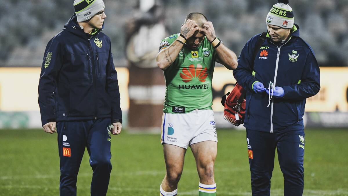 COSTLY: Raiders co-captain Josh Hodgson limps off with what appears to be a season-ending knee injury, adding to the side's casualty ward. Picture: Dion Georgopoulos