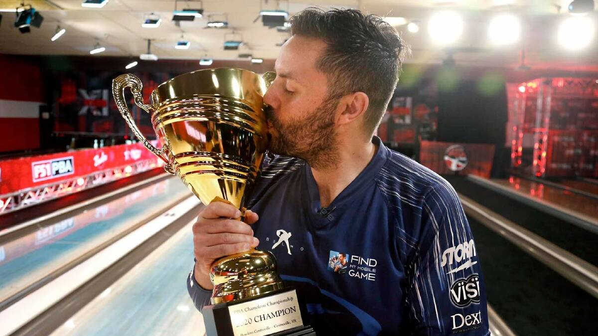 SEALED WITH A KISS: Jason Belmonte captured his 25th PBA title with a 232-202 Chameleon Championship victory over Brad Miller. The win brings him to 10th all-time on the PBA titles won list. Photo: PBA