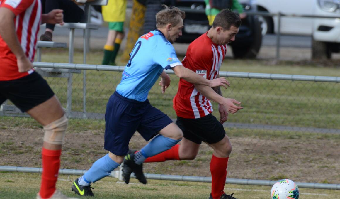TIME OUT: The dynamic Kyle Greaves (left) will sit out Macquarie's clash with Lithgow on Saturday after a bruising match during a very physical clash with Barnies at Orange in the opening round of the Western Premier League. Photo: JUDE KEOGH