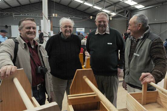 BUILDING FRIENDSHIPS: Bruno Betkowski, Bruce Eade, Peter Garey and Keith Myers at Borenore-Nashdale’s Men’s Shed.  Photo: JUDE KEOGH  0803mens3