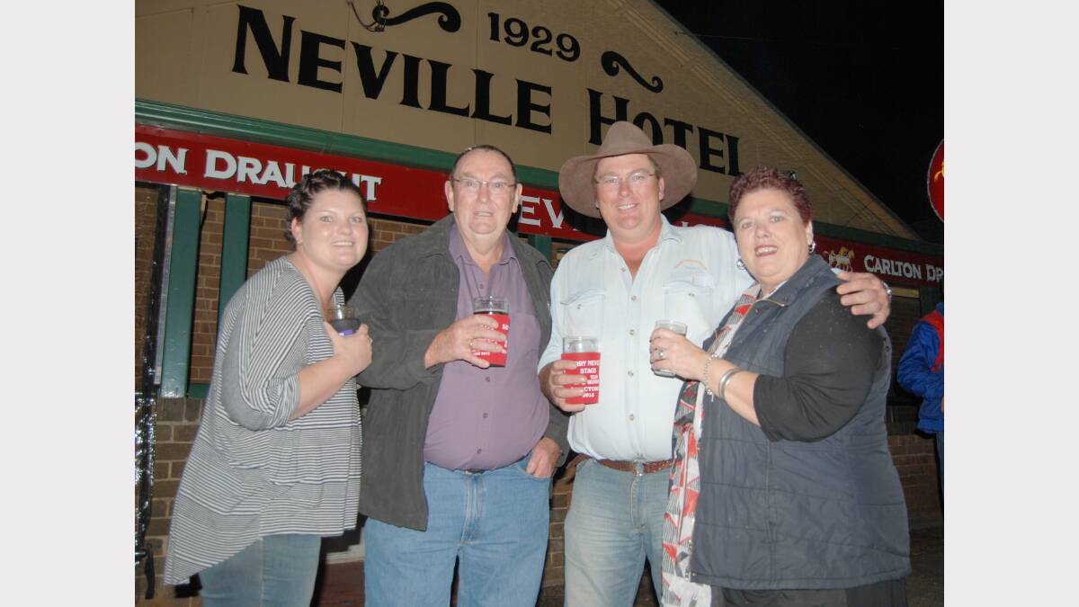 More woods than a timber yard. Danielle and Julie Woods with former Stag’s coach, Snow Woods and ex player Jeremey Woods at the Neville pub on Saturday night. Photo: Wayne Cock.
