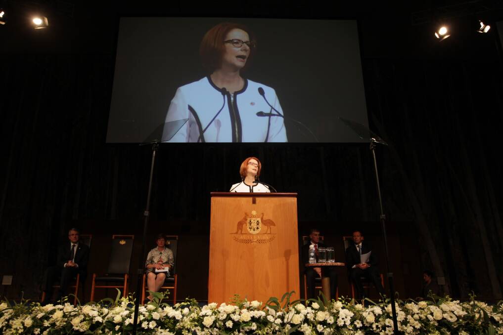 Prime Minister Julia Gillard delivered the National Apology for Forced Adoption in the Great Hall at Parliament House in Canberra. in Canberra on Thursday 21 March 2013. Photo: ALEX ELLINGHAUSEN