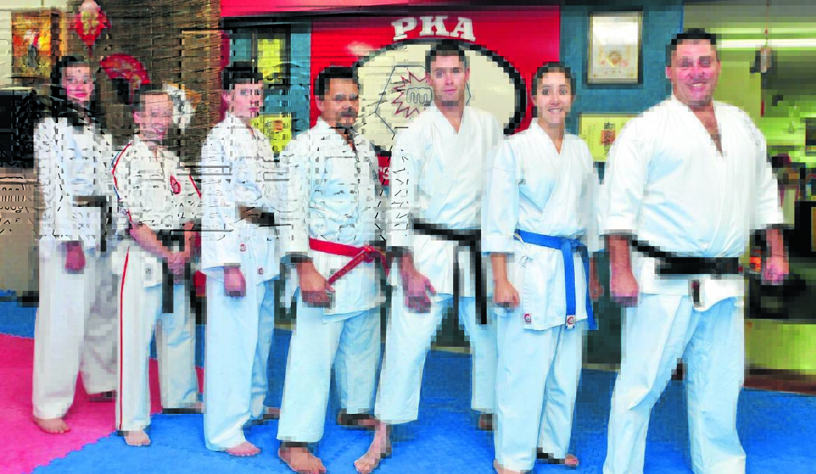 ON TOP OF THE WORLD: Pollet's Martial Arts competitors (from left) Jess Puxty, Lachlan Campbell, Ben Puxty, Hanshi Ian Pollet, Brayden Dodds, Nikita Corby and Jason Puxty competed at the World Championships in South Africa.     Photo: JUDE KEOGH 1028pollets