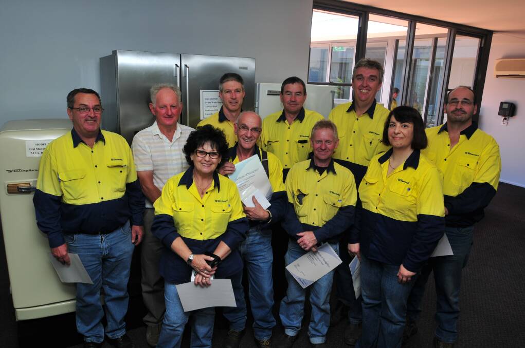 LONG SERVICE: Maria and Aldo Chiarello, Steven Skelton, Maria Tranfaglia (front), Bill Kelly, Dave Agst, John McKenzie, Peter Irwin, Wayne Dickerson and Rob Newby (back) were recognised for their 25-year careers at Electrolux. 