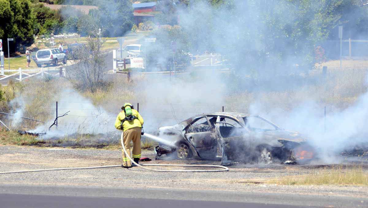 LITHGOW: A passenger had to be treated for smoke inhalation after a car was destroyed by fire at Marrangaroo on Sunday. The Toyota sedan was being driven in a westerly direction near the turnoff to Marrangaroo Fields when the engine began to falter and smoke erupted from the engine compartment when the driver moved to the roadside.
