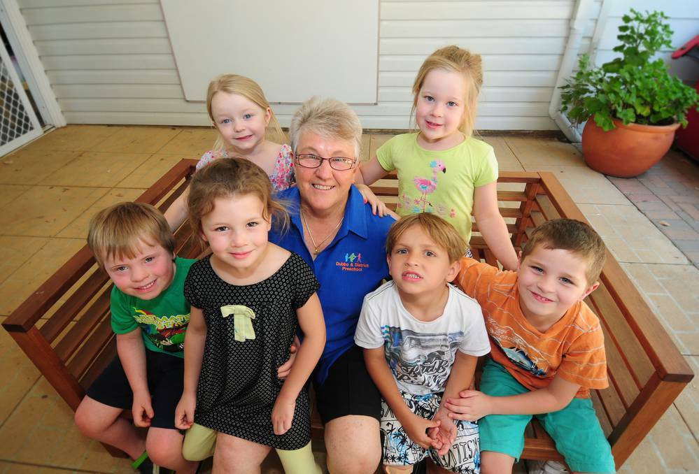 DUBBO: Raeleen Porter with some of the children from Dubbo and District Preschool (back) Alex McGrath, Lara Wykes, Kobey Osborne, Robbie Newham (front) Mia Cudmore, Estelle Bloomfield. Raeleen will retire  after 28 years of service. Photo: LOUISE DONGES