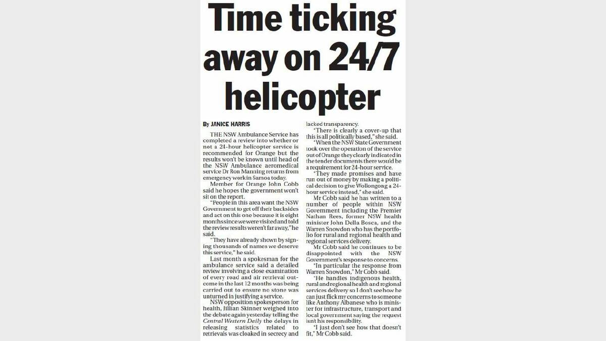 After at least 11 years of lobbying and 30,000 signatures, Orange’s 24-hour emergency helicopter service is ready for take-off. 