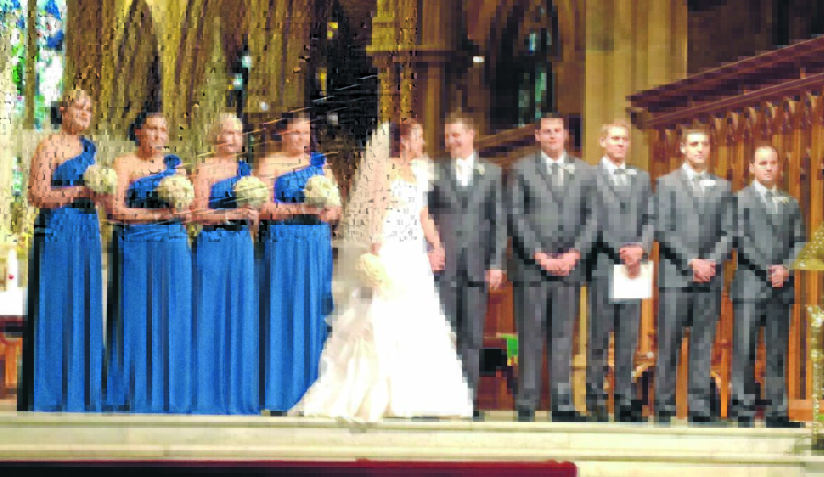 Jessica Taylor and Matthew Dillon with their bridal party Rebecca Dillon, Clare Stevens, Annette Taylor, Paige Taylor, Jared Dillon, Shane Sproule, Ryan Kendall and Steve McIntyre in St Mary's Cathedral in Sydney. 1128dillon4