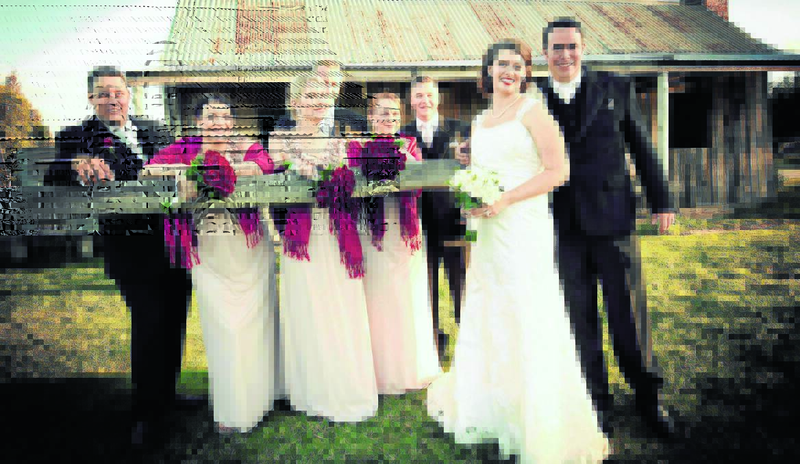 Anna Blore and Kayne Taylor (right) with their bridal party Nicholas Taylor, Hannah Killalea, Georgina Fisk, Matthew Dury, Renee Taylor and Jason Wrona. 1024taylor   